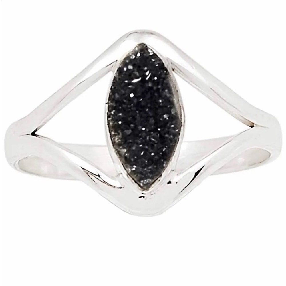 Black Druzy 925 Sterling Silver Ring Size 8